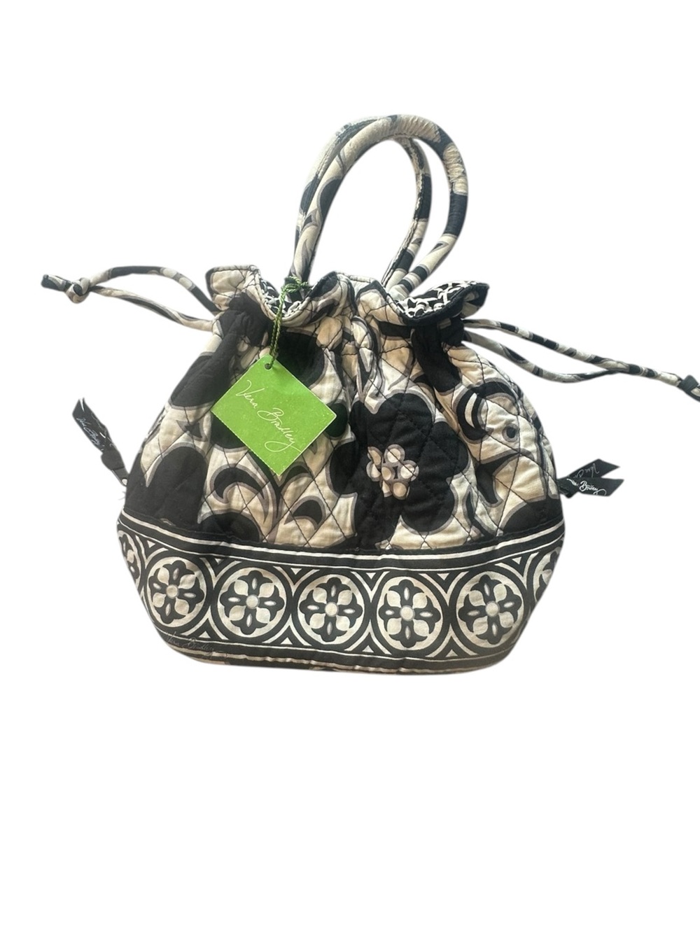 Vera Bradley Quilted Drawstring Handbag Tote Black Cream Floral Purse Retired - Picture 3 of 13